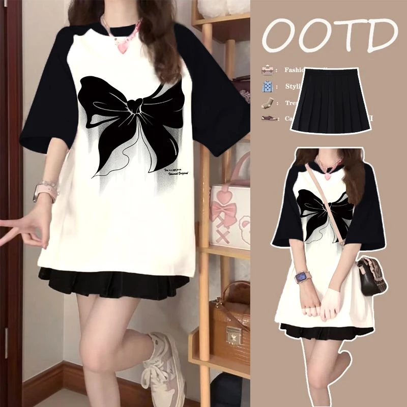 套装女2025新款夏季两件套裙子小个子学院风短袖t恤女百褶裙学生
