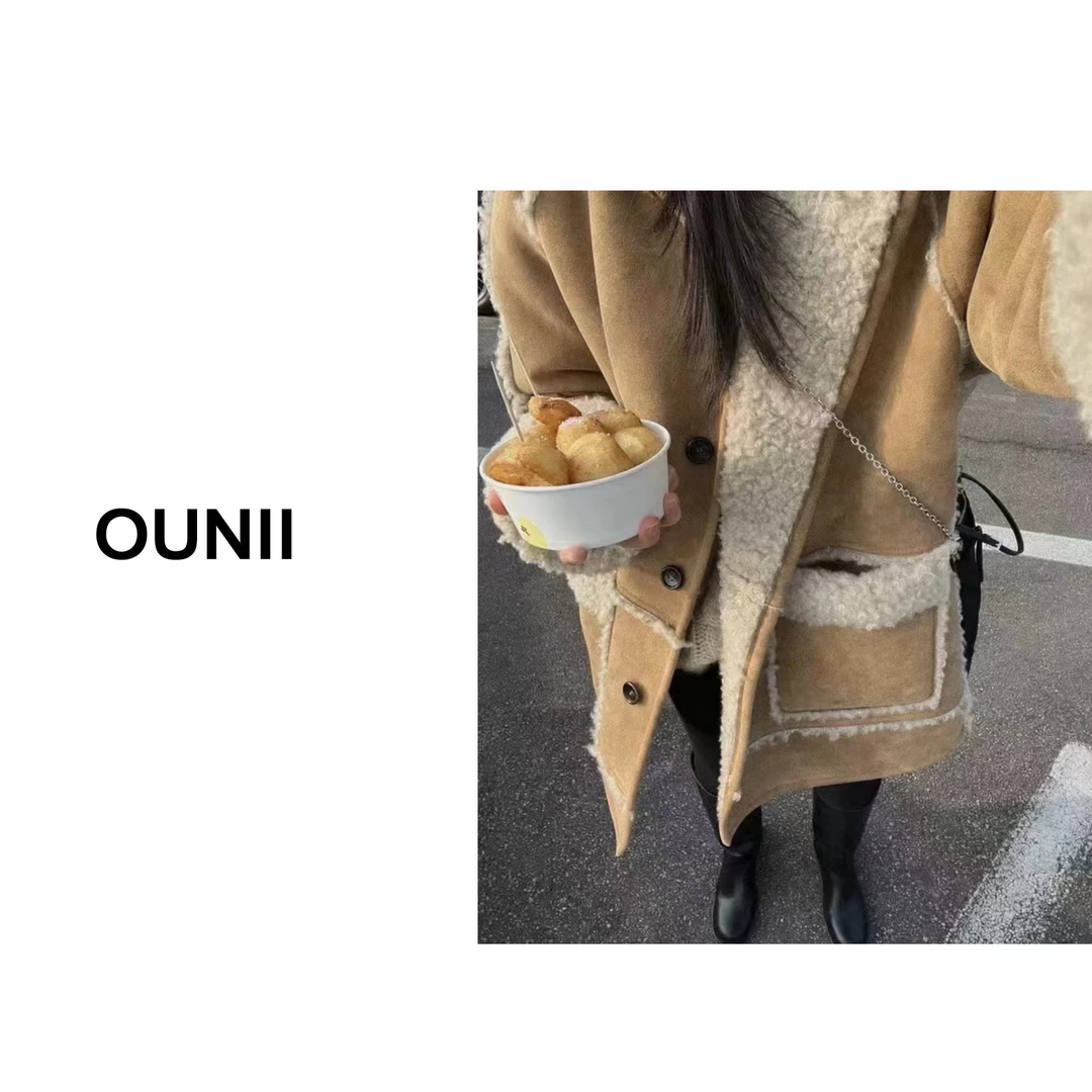 「冬日焦点」breea~连帽羊羔绒宽松加厚温暖皮毛一体中长外套女