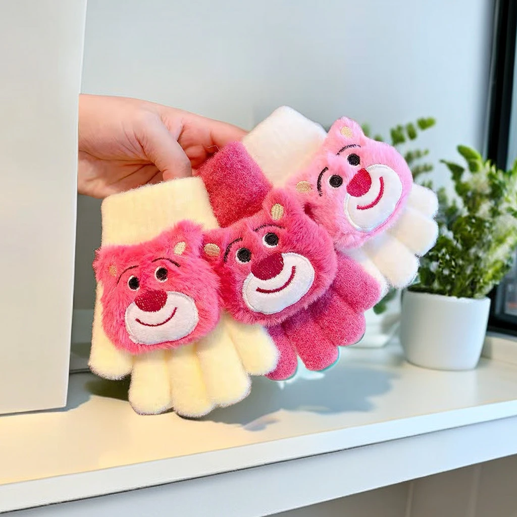 冬天宝宝卡通手套可爱学生保暖草莓熊五指宝宝小手套毛绒分指套