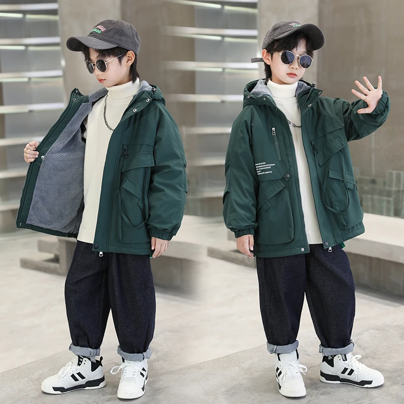 男童加绒外套2024秋冬装洋气新款儿童中大童加厚棉服男孩派克服潮