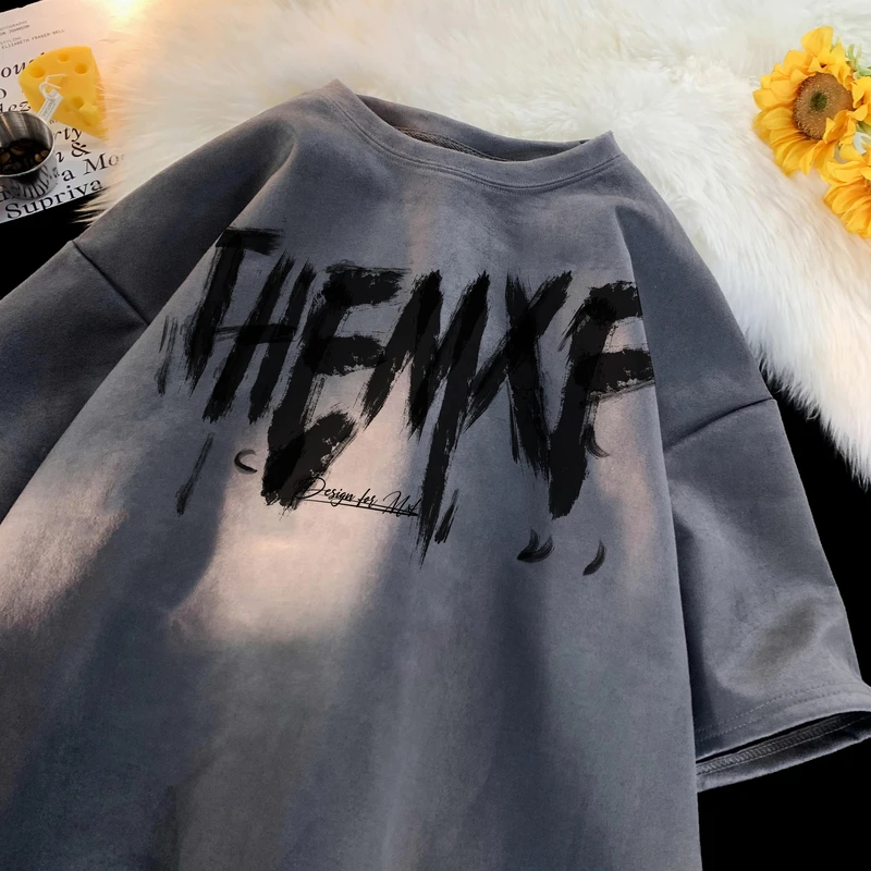 短袖T恤宽松男小众半袖上衣260克重磅美式语文ins潮牌五分袖夏季