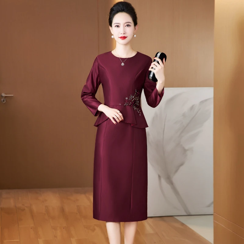 酒红色假两件妈妈装婆婆婚礼服装气质结婚中式婚宴喜婆婆连衣裙