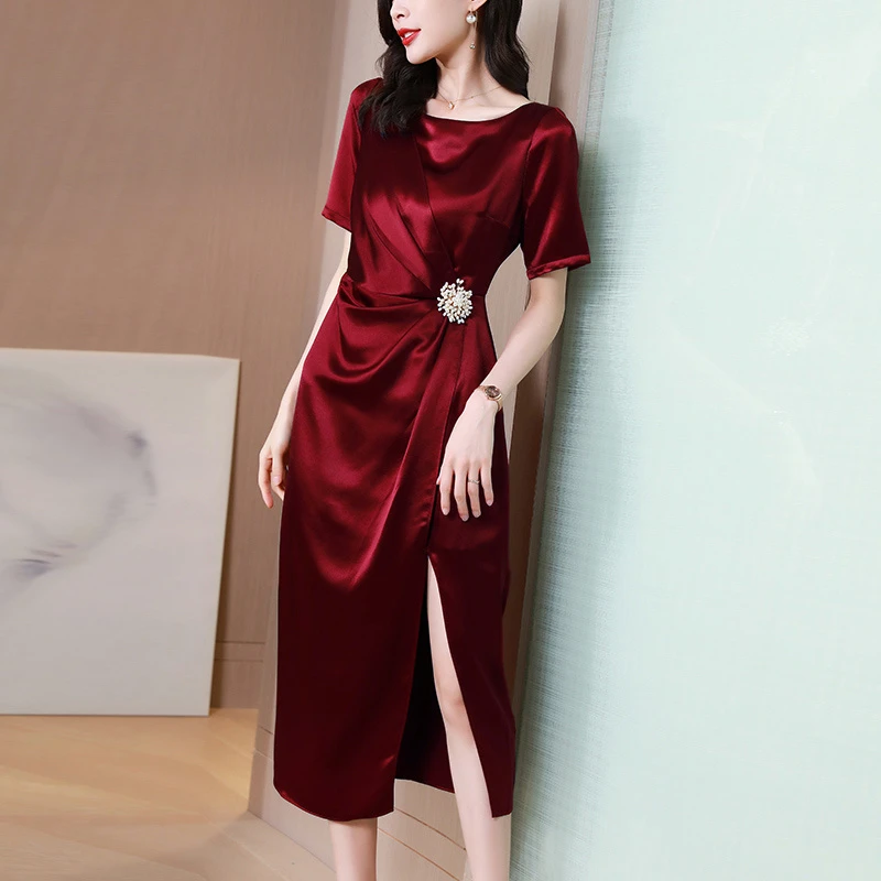 [深圳南油]醋酸缎面连衣裙2025夏季新款女装红色喜婆婆宴会礼服