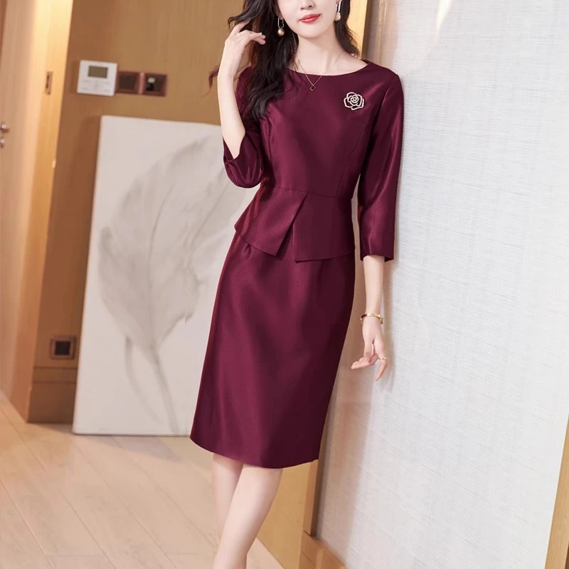 [深圳南油]酒红假俩件礼服连衣裙女2025年夏季新款喜婆婆婚宴装