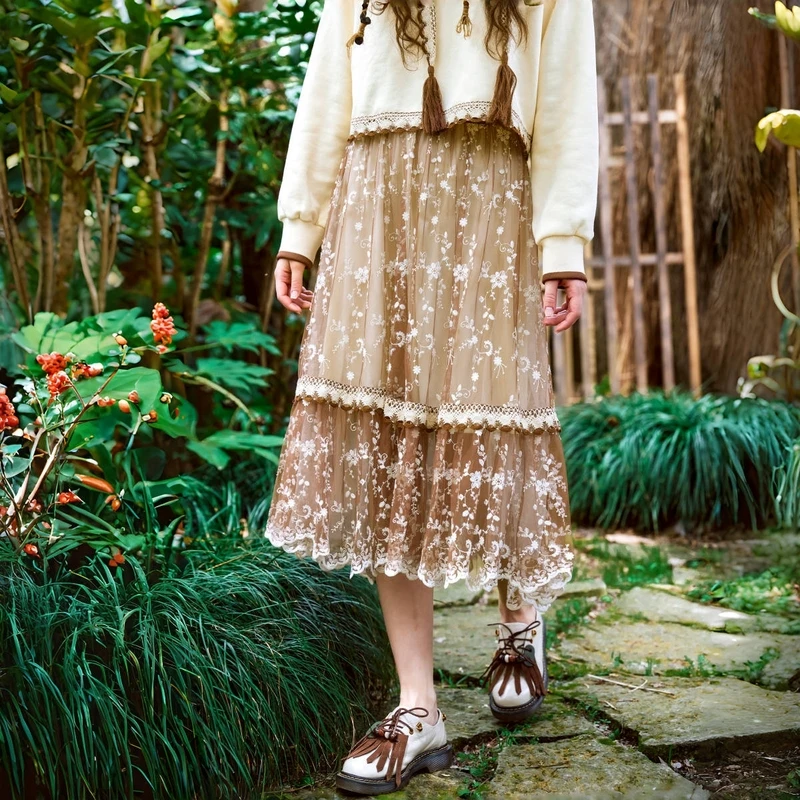 菀草壹秋季美拉德半身裙网纱a字中长裙O15111439