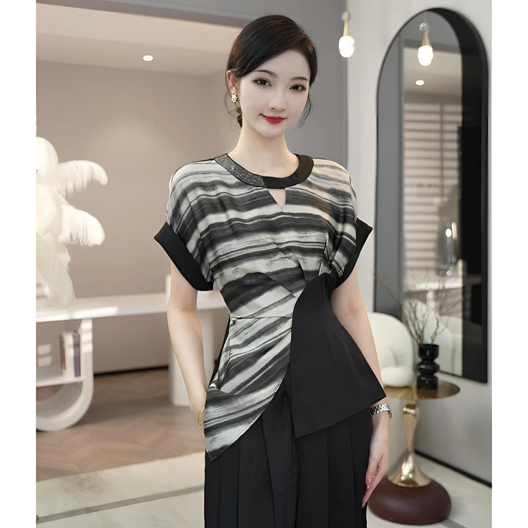 唐熹现货2025夏季新款【5504】高级感水墨晕染时尚拼接衬衫上衣女