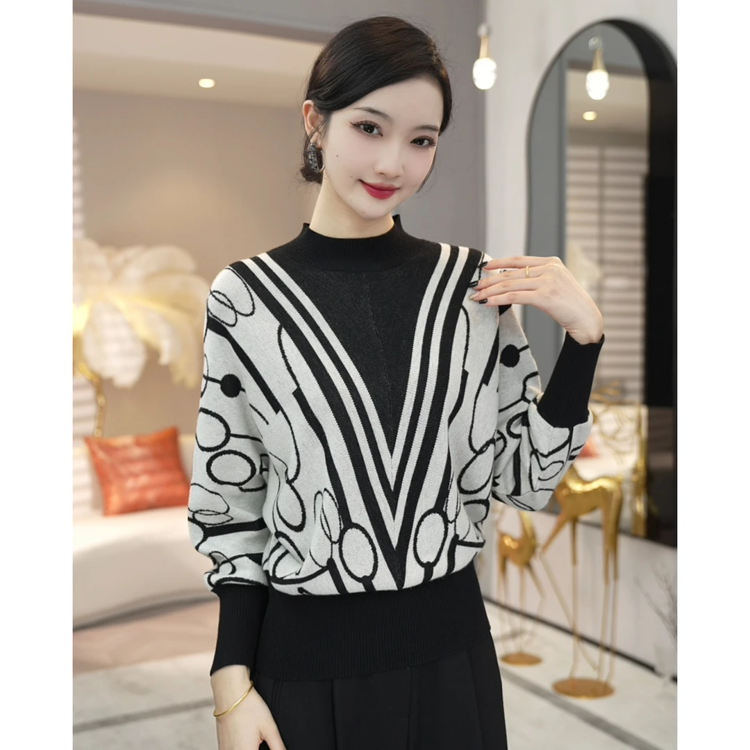 唐熹现货2025新款【LT24-Q612】含绵羊毛针织衫套头打底拼色毛衣女