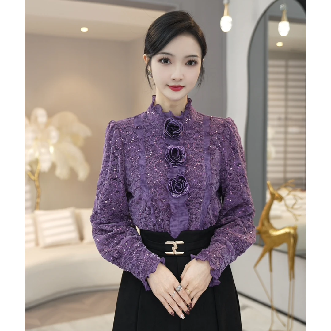 现货2025秋冬款【LT24-D812】气质加绒加厚蕾丝设计感紫色植绒衬衫