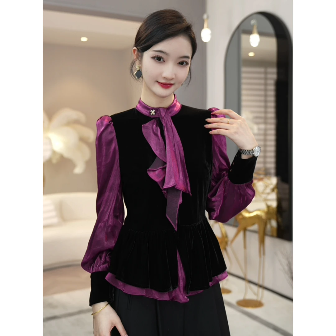 现货2023秋冬新款【Q23-Q116】复古优雅丝绒黑色拼接气质热力感上衣