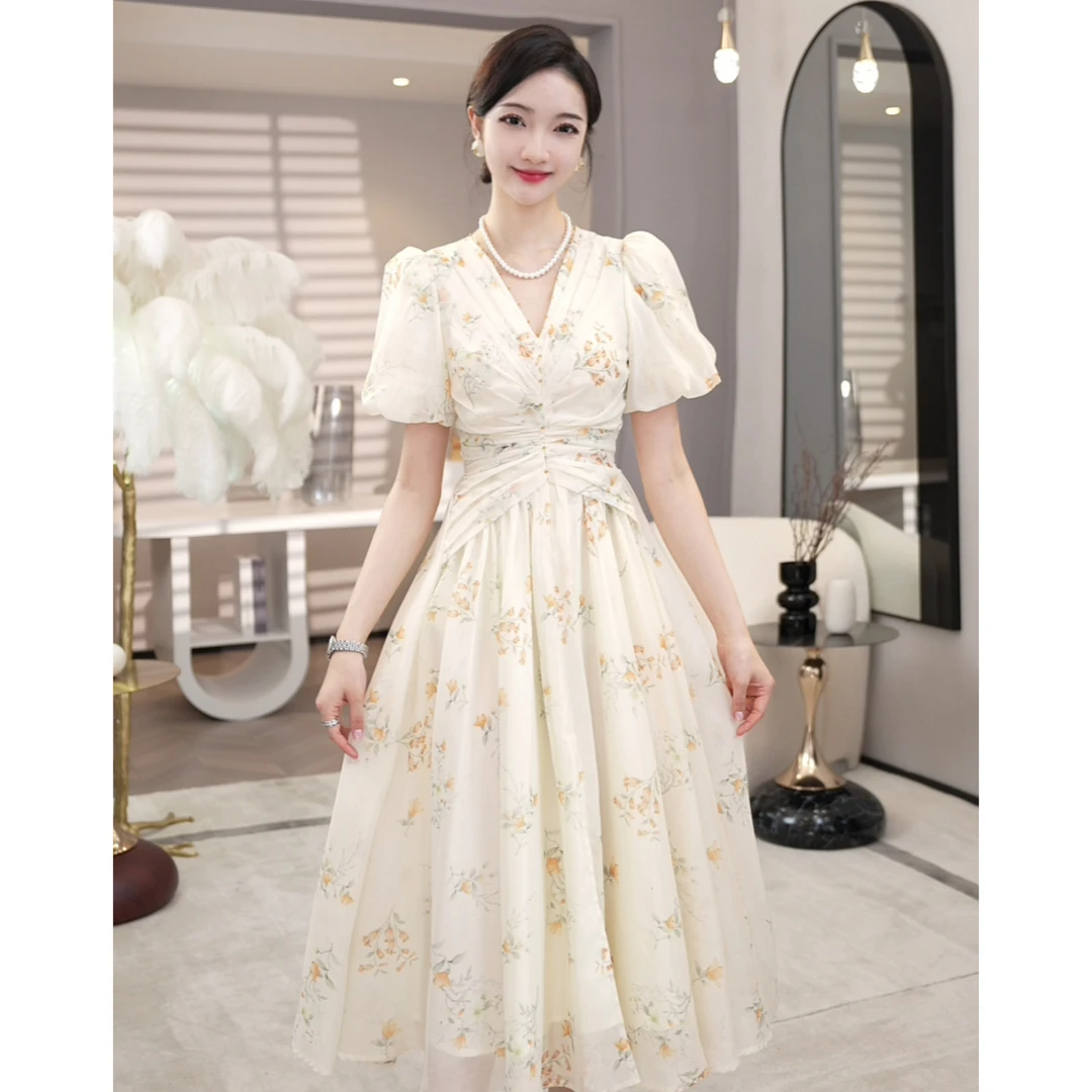 现货2026夏季新款【1998】法式浪漫小众度假风显瘦碎花杏色连衣裙子