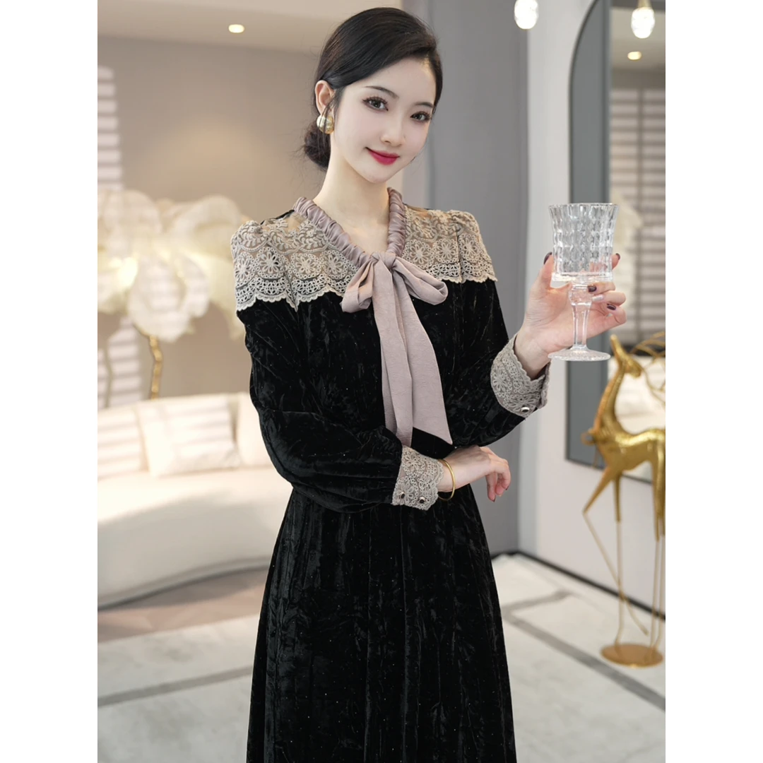 唐熹2025年秋冬季新款【X24-Q307】气质拼接黑色丝绒外穿内搭连衣裙