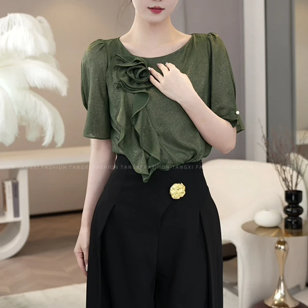 现货2026夏季新款【Q24-X288】高级感轻奢气质小众绿色洋气衬衫上衣