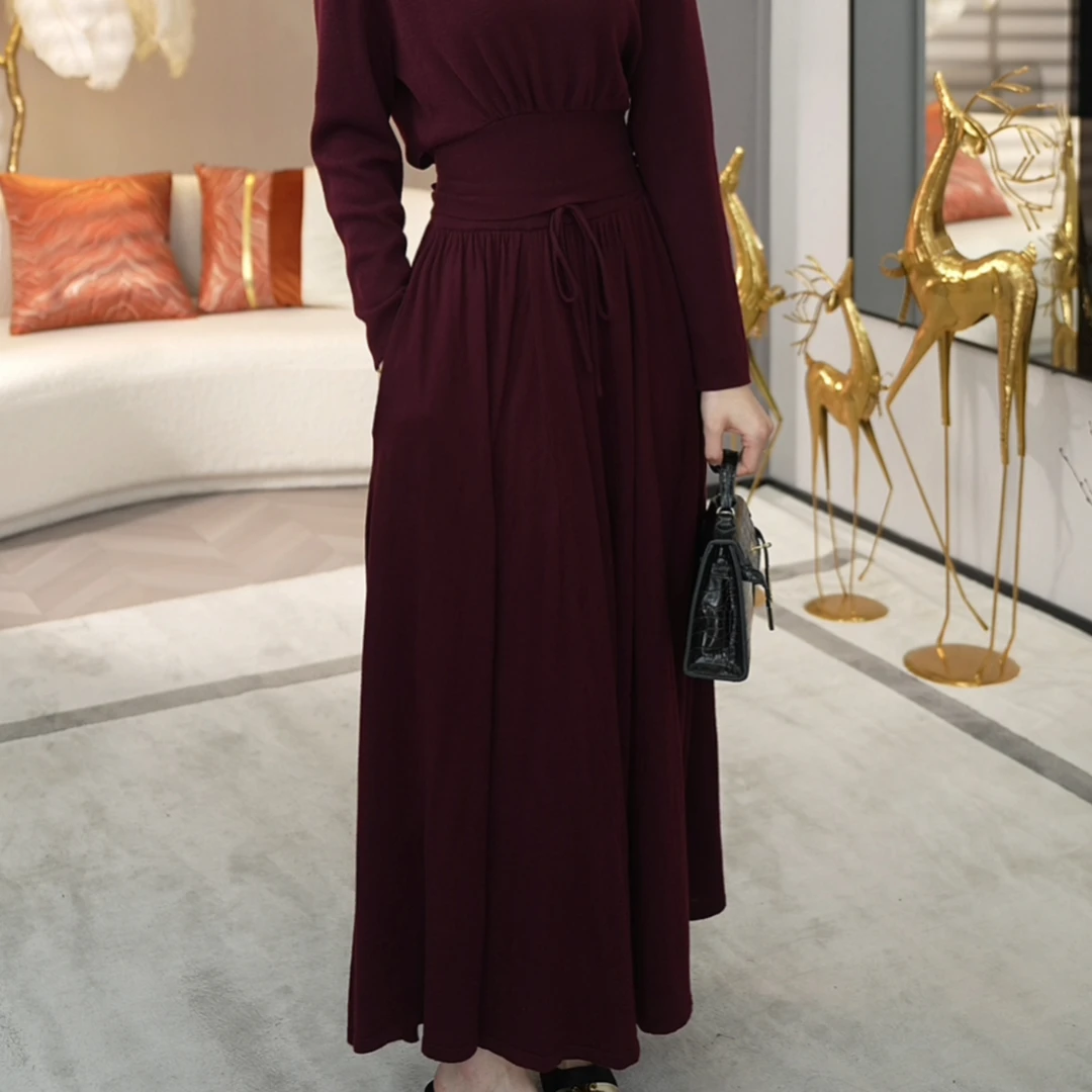 唐熹现货2025新款【5879-1】含绵羊毛高腰A字裙型酒红色半身裙子女