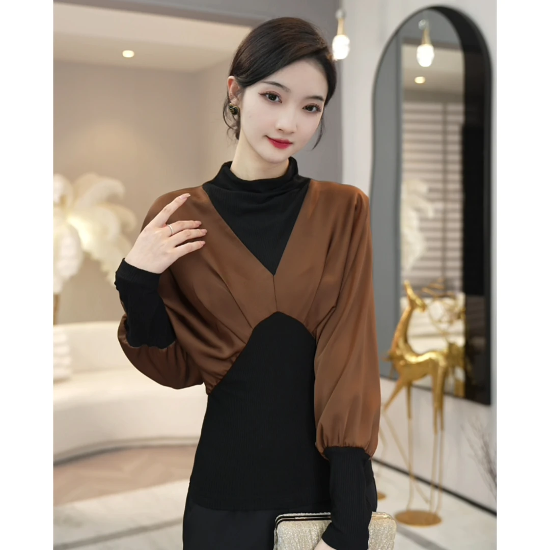 现货2025春季新款【DD-832】气质轻奢拼接黑咖色显瘦衬衫针织上衣女
