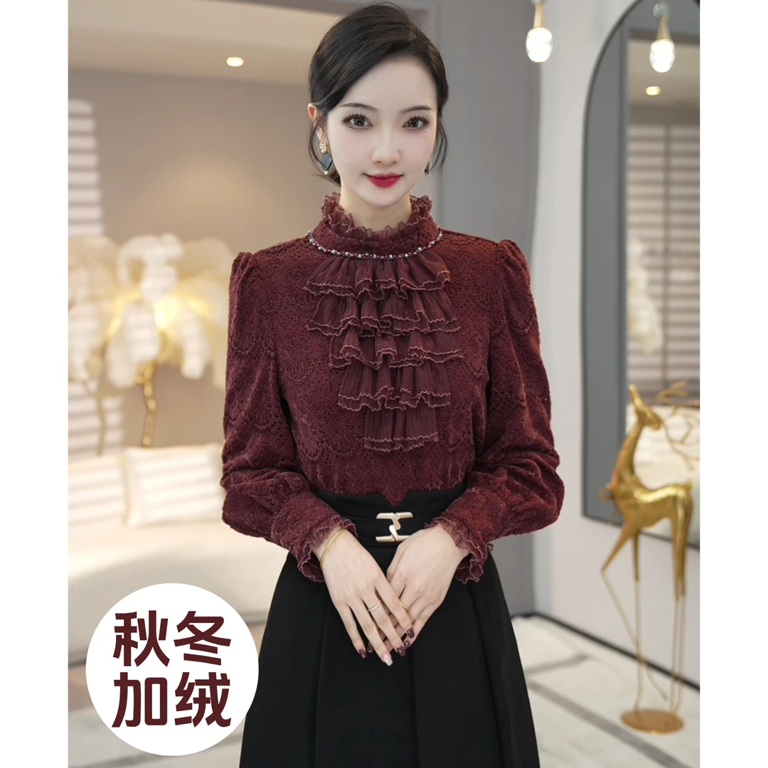 唐熹预售2025秋冬新款【LT-D845】加绒加厚红色蕾丝长袖衬衫上衣女