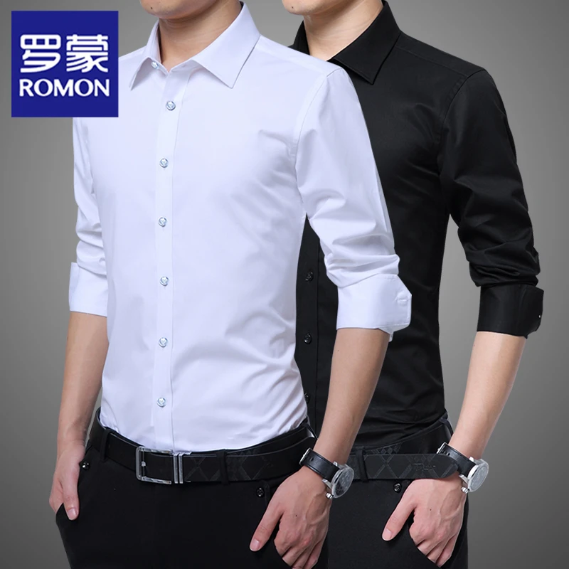 罗蒙秋季新款男士衬衫长袖修身休闲百搭衬衣商务正装休闲白色寸衫