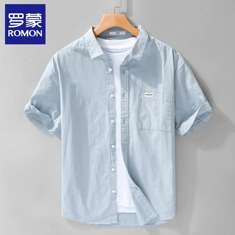 罗蒙新款夏季纯棉白衬衫男短袖修身日系复古休闲男士纯色薄款衬衣