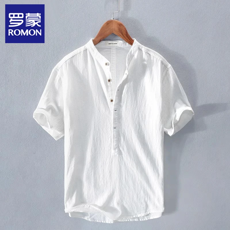 罗蒙亚麻白衬衫男士短袖夏季薄款休闲免烫衬衣男装潮流百搭上衣服