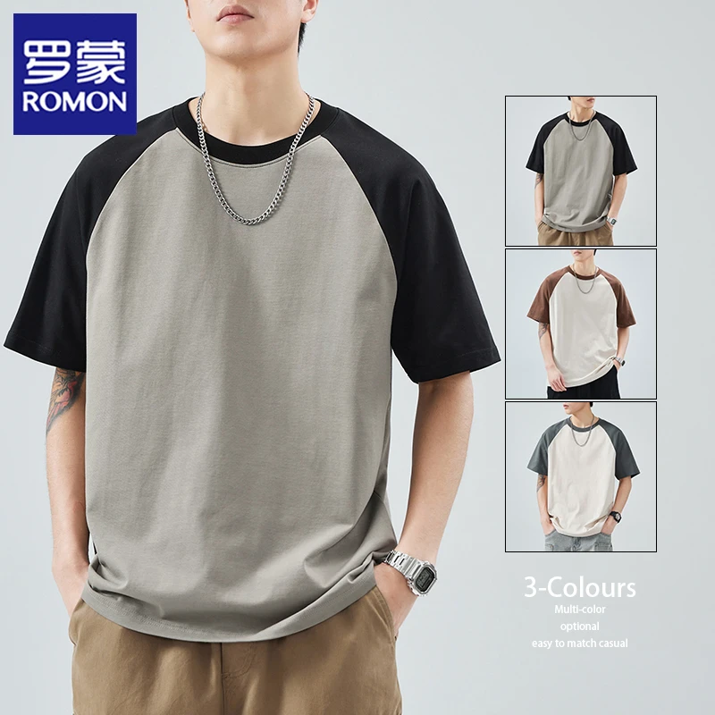 罗蒙纯棉短袖t恤男款夏季薄款宽松休闲拼接感字母印花圆领上衣服