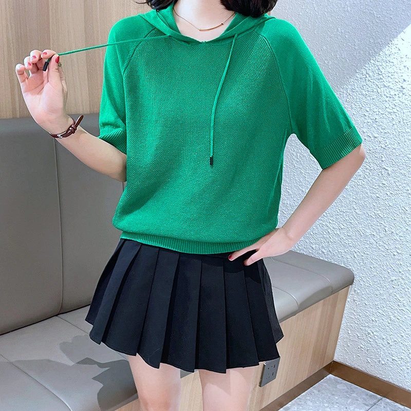 春夏短袖连帽针织衫女薄款宽松休闲纯色上衣百搭独特针织衫短袖女