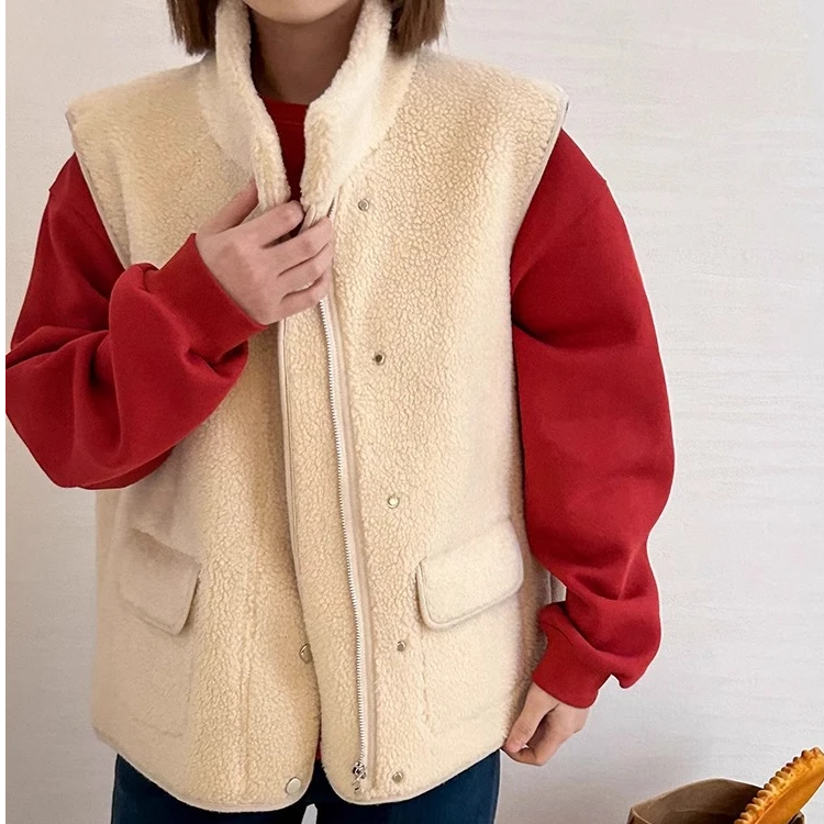 THREEPASS三水酱  冬日雪人|白色羊羔毛立领皮毛一体马甲