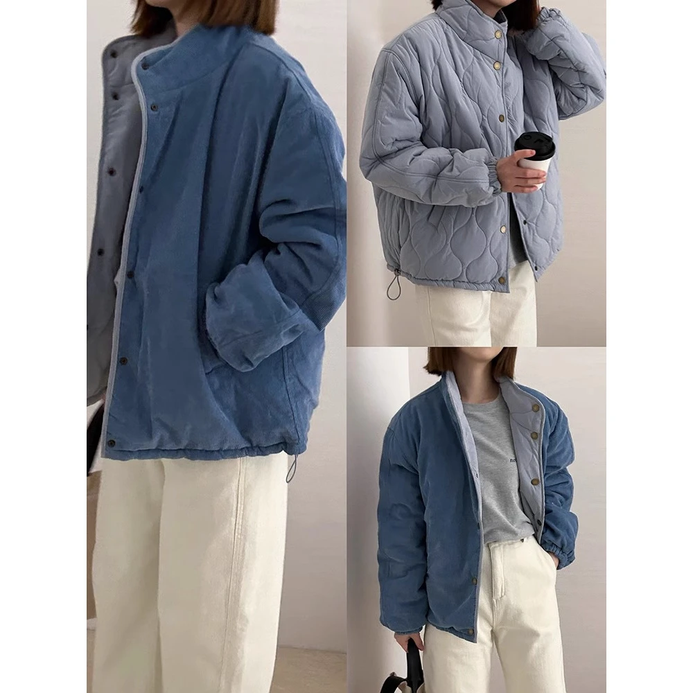 THREEPASS三水酱 活力雾蓝色 两面穿棉服|灯芯绒减龄显白保暖外套