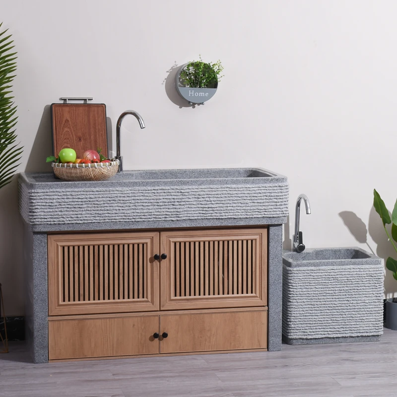 室外石头一体整石洗衣槽阳台太空铝洗衣柜带搓板户外大理石洗衣池