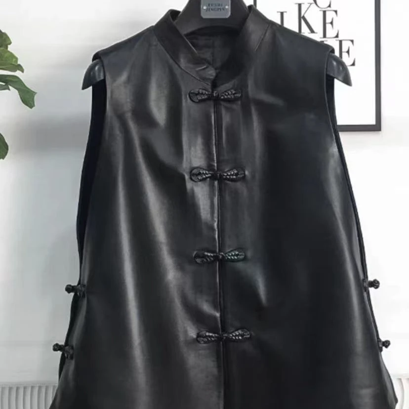 新中式盘扣民族风立领马甲外套真皮皮衣