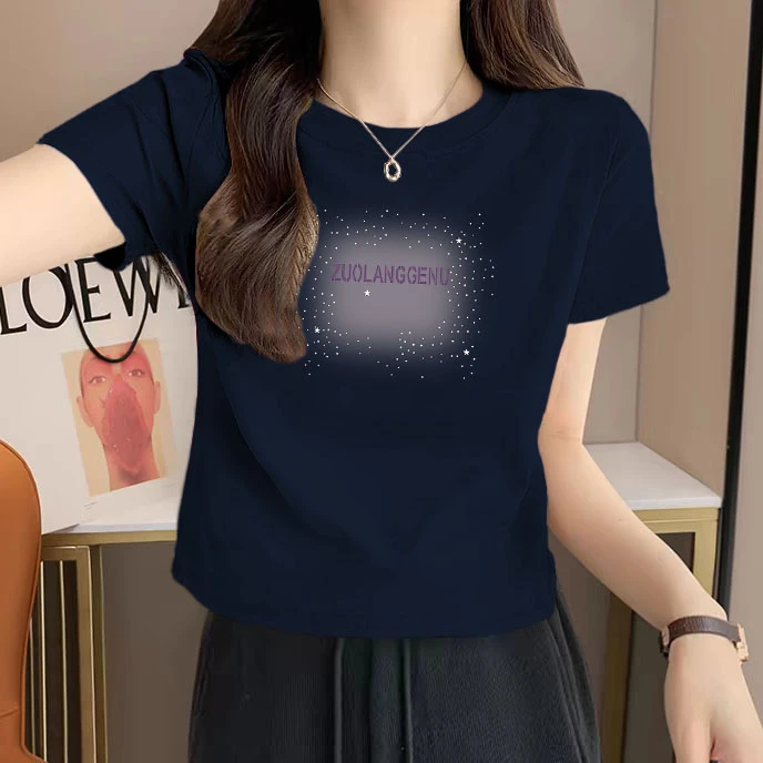 100%纯棉圆领夏季时尚新款小个子显瘦短款t恤女士设计感短袖上衣