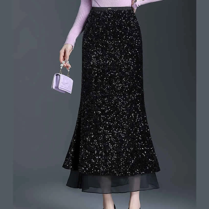 亮片鱼尾半身裙拼接2025春季新款气质长裙香风高腰显瘦一步包臀裙