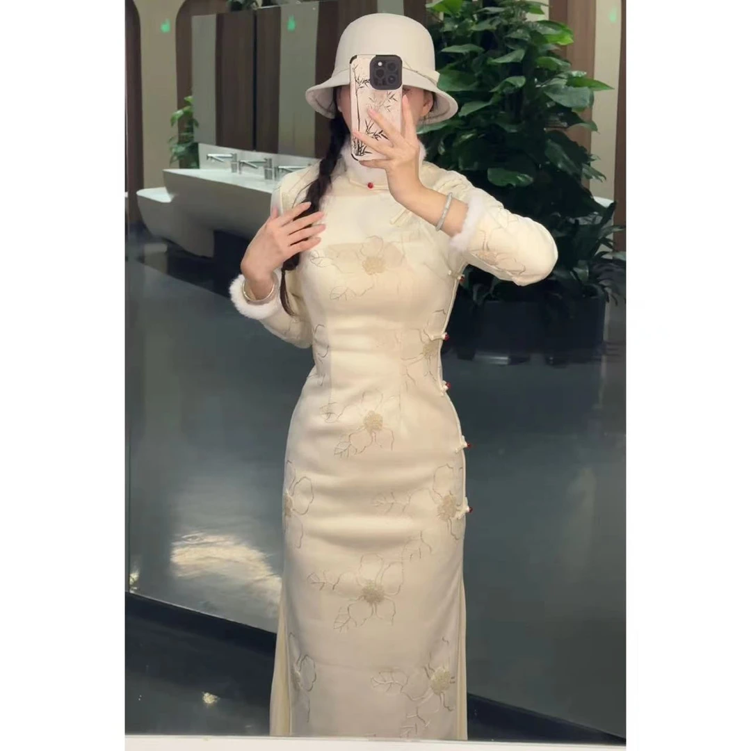 13茶茉手工旗袍民国风少女旗袍年轻改良蕾丝加绒气质长款复古裙子