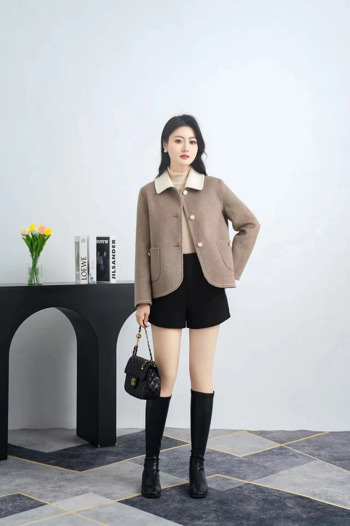 【绮】早春时尚小香风外套短款撞色百搭气质休闲轻奢双面羊毛大衣