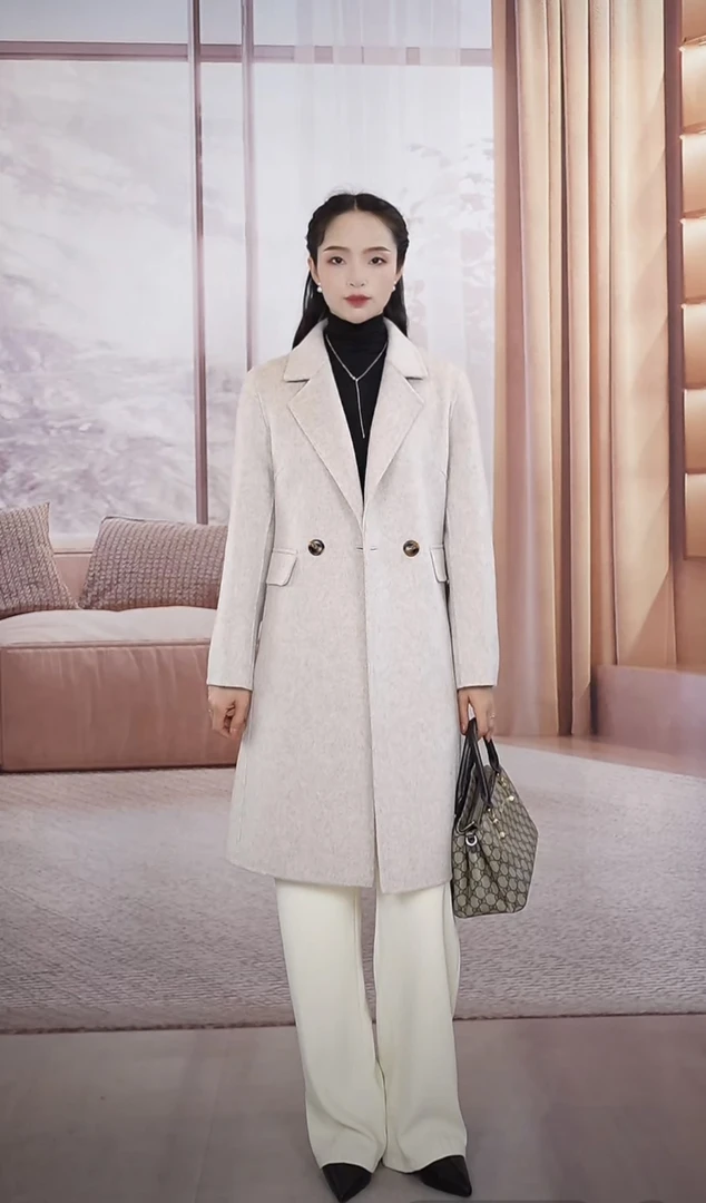 【长毛加厚中长款】2024新款双面羊毛大衣气质正肩修身双排扣大衣0