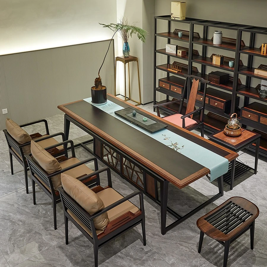 新中式红木茶桌椅组合双色大户型2.82米黑胡桃茶台实木办公室茶桌