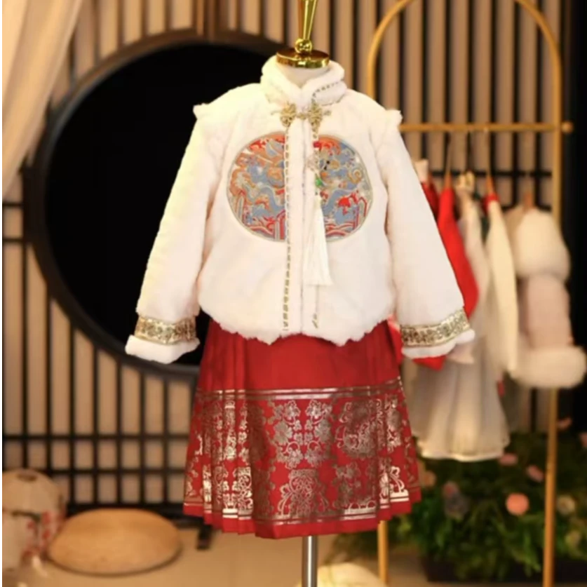 2024新款新中式汉服加绒加厚冬季拜年服中国风公主喜庆女孩宝宝