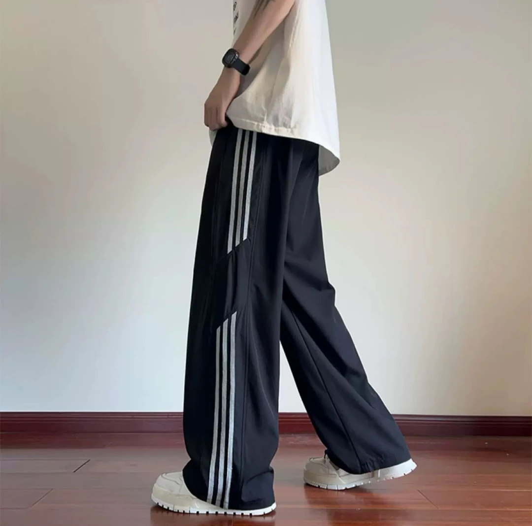 阔腿裤男士夏季薄款新款潮牌条纹运动裤冰丝凉感休闲裤垂感直筒裤