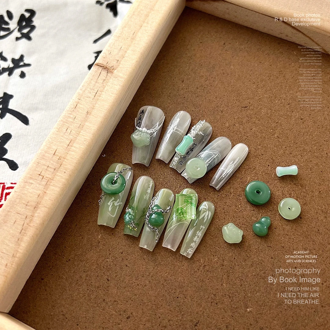 国风美甲饰品玉系列平安扣润玉透绿色圈圈玉石指甲钻中式小配饰装