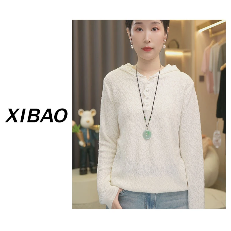 【精纺羊毛】拼蕾丝连帽针织长袖上衣女绵羊毛针织衫