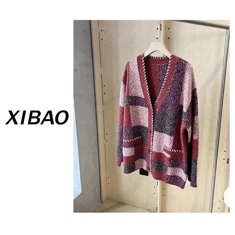 【100%纯山羊绒】花纱加厚拼色V领系扣开衫宽松慵懒风YM358923