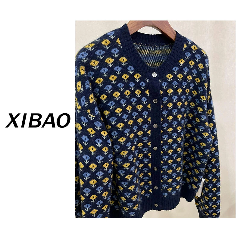 【100%纯山羊绒】小香风蓝色碎花短款毛衣开衫外套长袖圆领YM478694