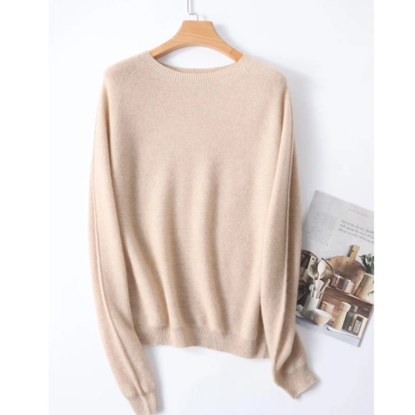 【100%纯山 羊绒】毛衣圆领反针宽松长袖纯色女羊绒衫XP22058