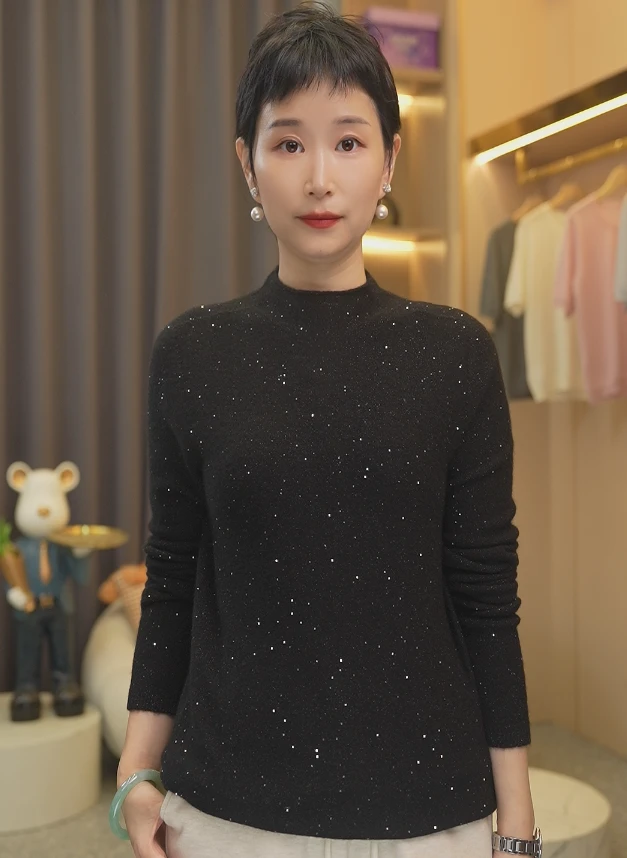 【100%全羊毛】一线成衣珠片纱卷边长袖百搭气质针织羊毛衫NS