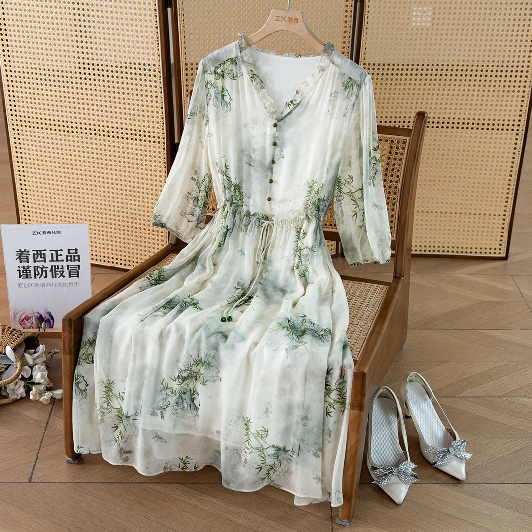 ZHUOXI/着西【2024-着西原创】桑蚕丝刺绣短袖收腰连衣裙82497728