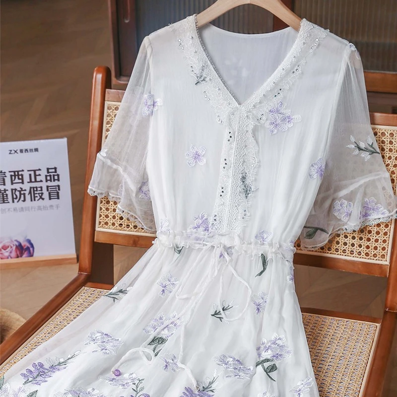 ZHUOXI/着西春夏碎花裙气质收腰桑蚕丝刺绣短袖连衣裙9331