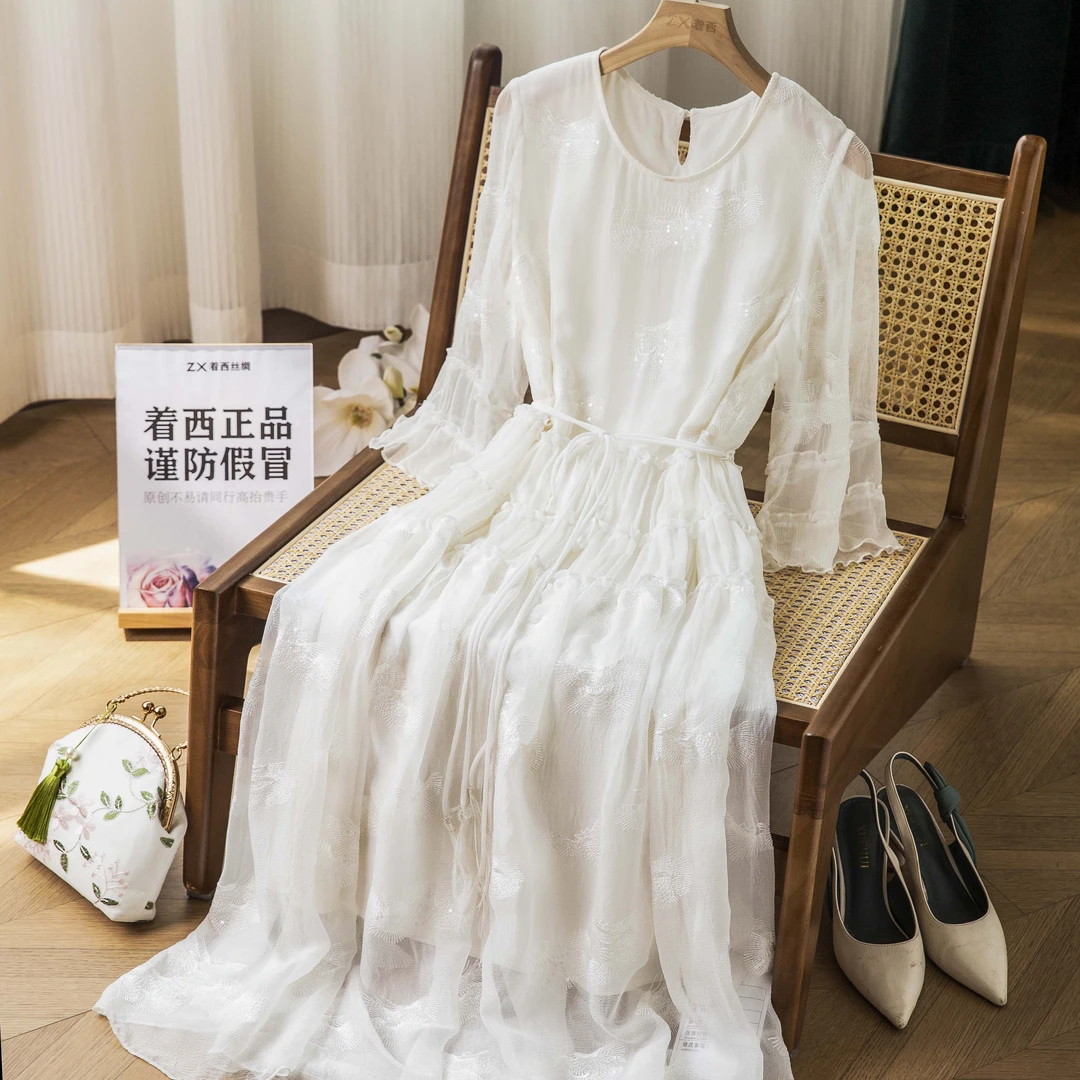 ZHUOXI/着西~冰雪女王~桑蚕丝刺绣短袖连衣裙收腰白色夏季2Q258