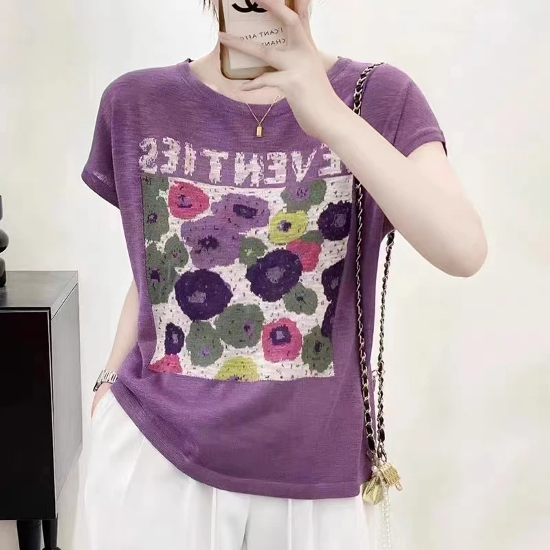 【花朵】2024夏季薄款竹节麻撞色提花针织衫