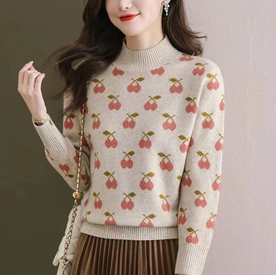 【樱桃】半高领2024年秋冬新款针织上衣百搭ABC