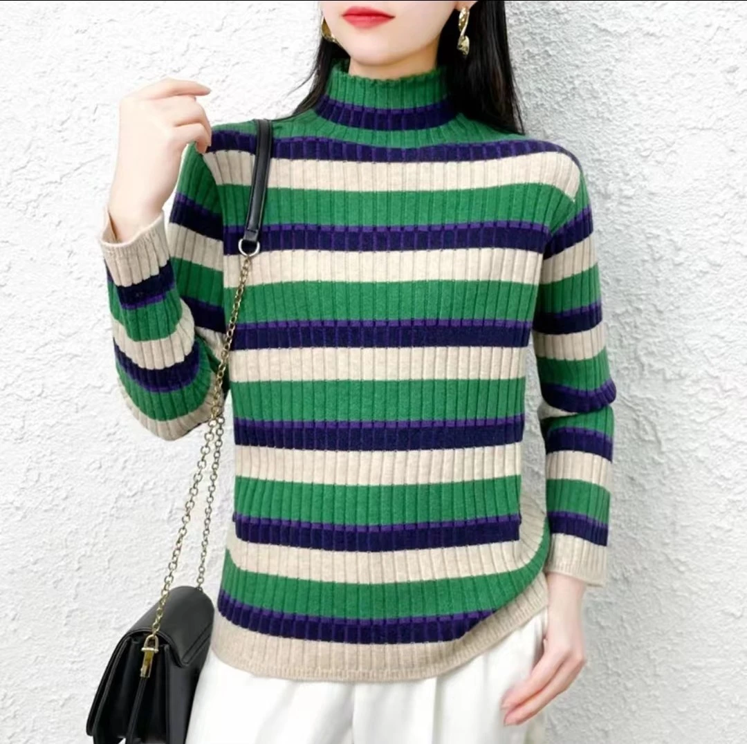 Z【渐变绿】条纹显瘦套头毛衣ABC
