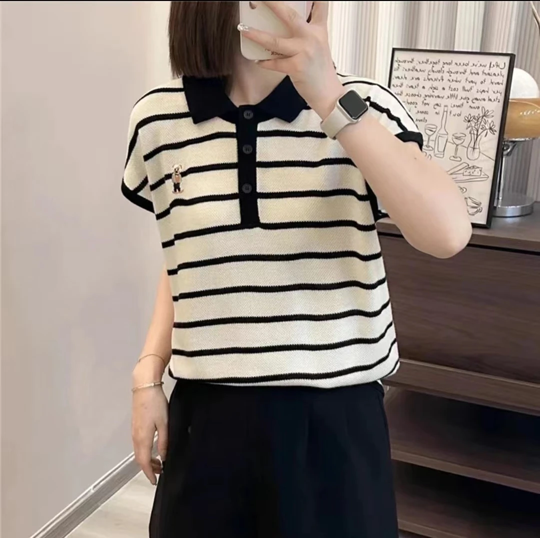 X【小熊刺绣】夏季薄款气质洋气新款显瘦休闲时尚显瘦翻领针织短袖