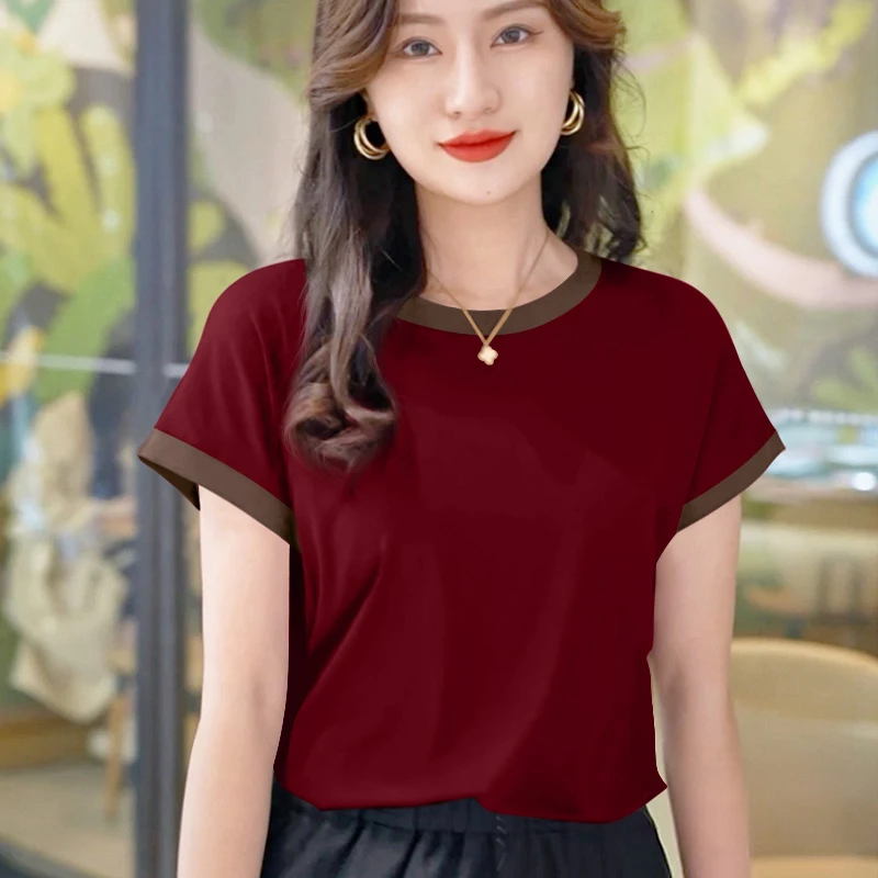 夏季新款显瘦纯色时尚气质圆领短袖2025年春夏季百搭螺纹短袖上衣